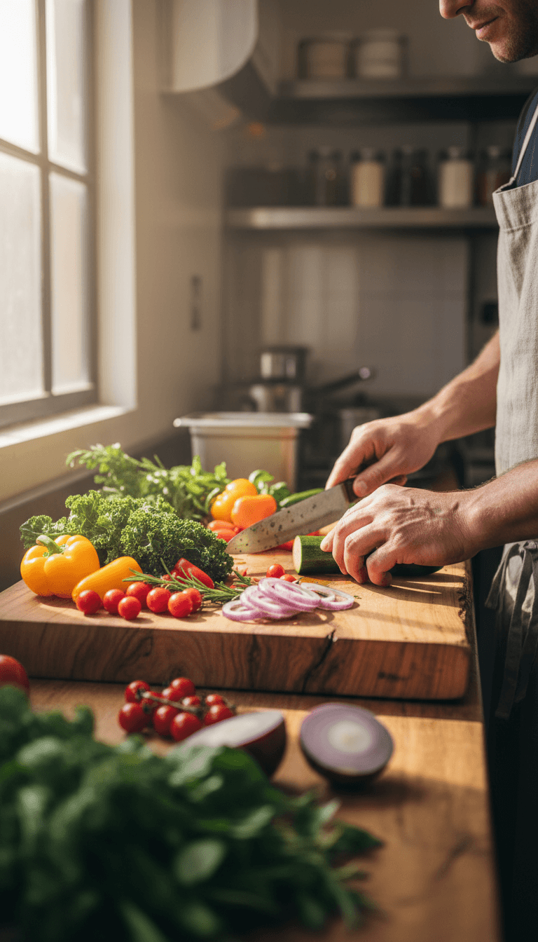 Chef's hands preparing fresh ingredients in a commercial kitchen