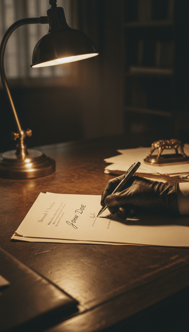 Hand signing a document on a wooden desk