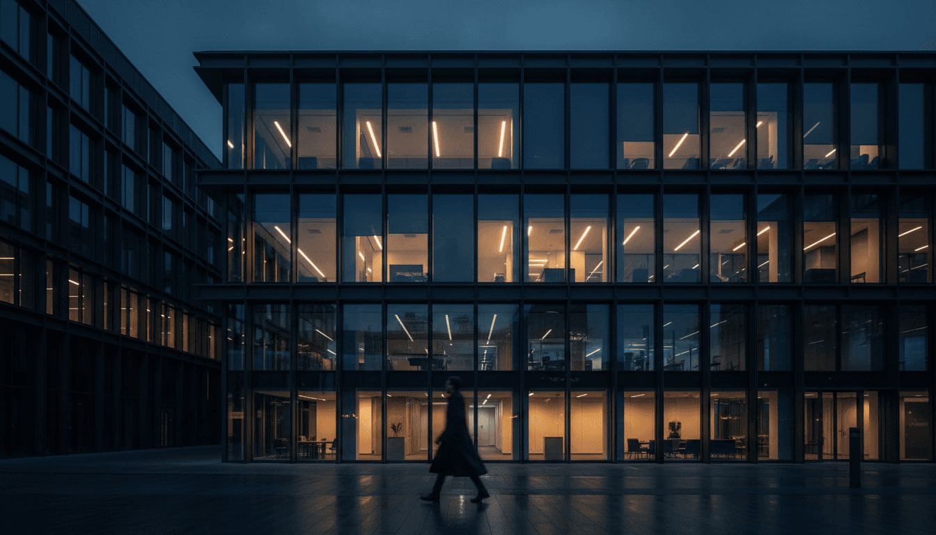 Sleek office building with lit windows at dusk