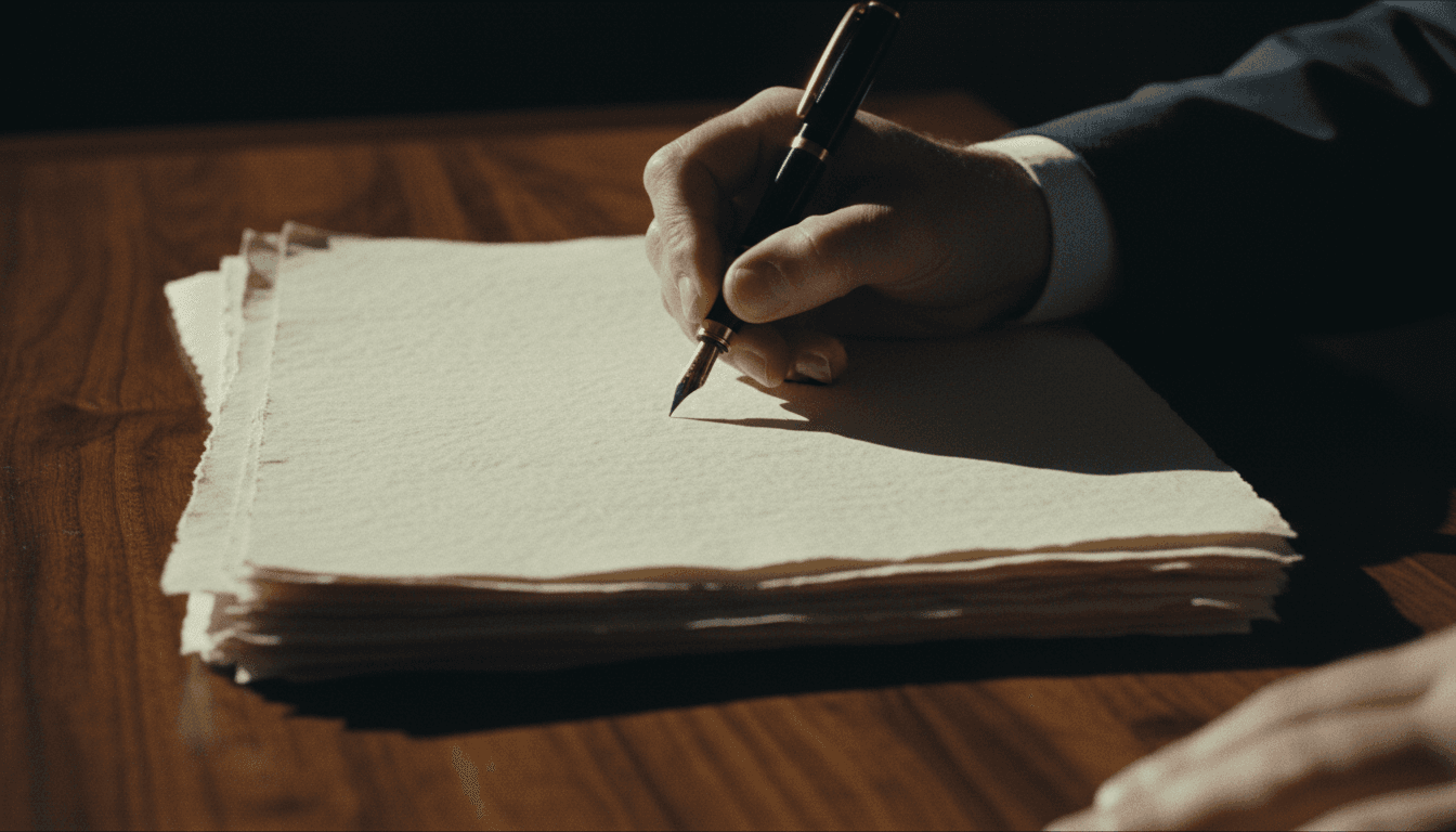 Fountain pen on textured paper on a desk
