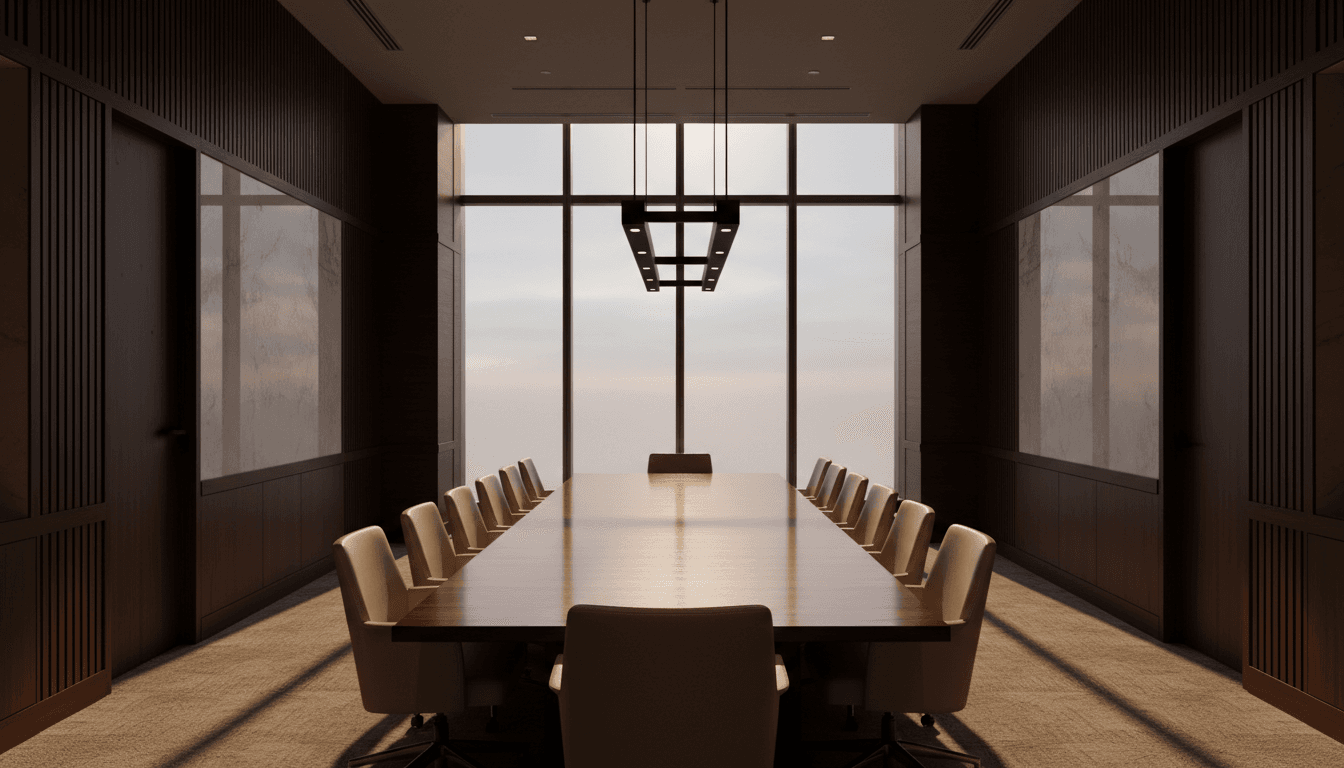 Empty conference room with polished wood table and natural light in Atlanta